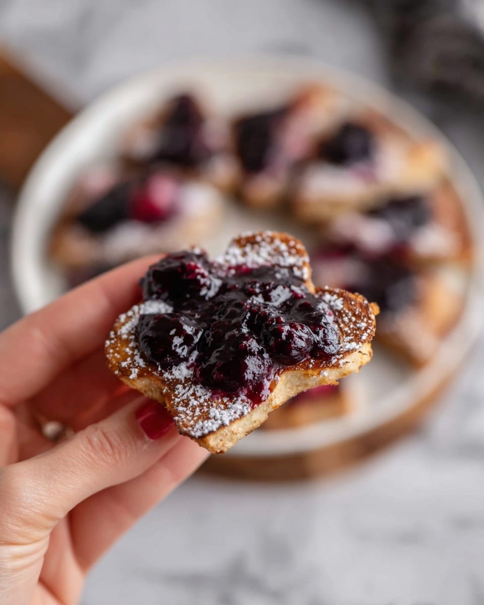 A close-up of a woman's hand holding a single piece of breakfast dish shaped like a four-leaf clover, with the base layer being a light golden-brown pancake dusted with fine white powdered sugar, topped with a glossy, deep purple berry compote that looks thick and slightly chunky. In the background, slightly out of focus on a white plate, slices of the same dish are arranged in a circular pattern on a white marbled texture. The overall colors show a warm brown base with dark purple and white accents. Photo taken with an iphone --ar 4:5 --v 7