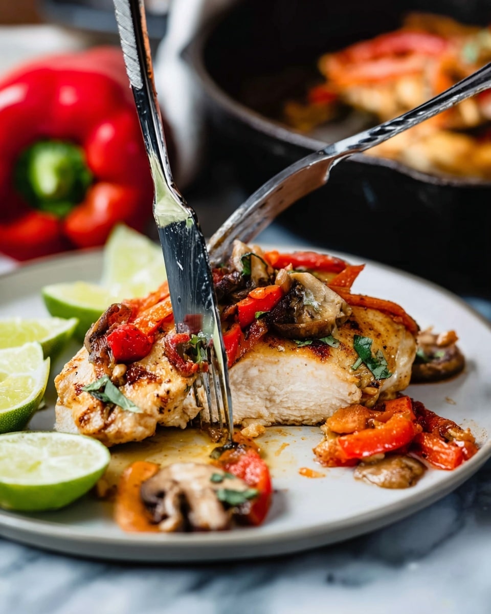 A slice of cooked chicken breast sits on a white plate, topped with a colorful mix of sautéed vegetables including soft red bell peppers and sliced mushrooms. The chicken looks juicy and lightly browned, with the vegetables adding orange and pale beige colors on top. Two lime slices are placed to the side, adding green contrast. A silver fork and a knife with a black handle are cutting into the chicken, showing the tender white inside. Some cooked vegetables and sauce are scattered beside the main slice. The background shows part of a black cast iron pan and a red bell pepper beside it on a white marbled surface. photo taken with an iphone --ar 4:5 --v 7