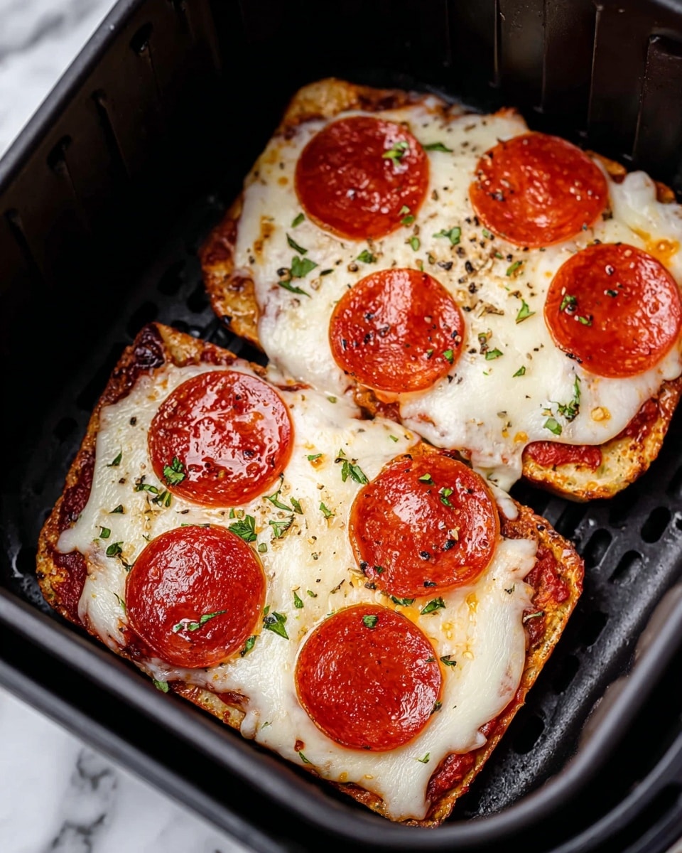 Two rectangular slices of pizza are shown inside a black air fryer basket. Each slice has three bright red pepperoni slices on top, glistening with oil. Under the pepperoni, there is a thick layer of melted white mozzarella cheese with some golden brown spots. The cheese covers a layer of red tomato sauce and a soft, slightly browned crust at the bottom. Small green herb pieces are sprinkled on top of the cheese and pepperoni. The background is a white marbled texture. Photo taken with an iphone --ar 4:5 --v 7