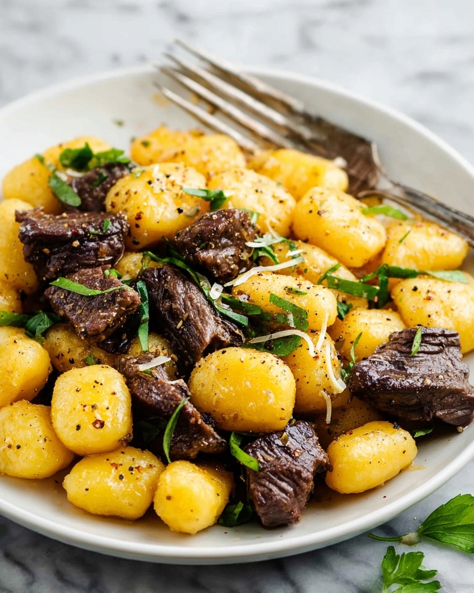 The dish is served on a white plate set on a white marbled surface. It has two main layers: golden yellow gnocchi with a soft, round texture, and chunks of dark brown seared beef that look tender and juicy. The gnocchi and beef pieces are mixed evenly across the plate, with small green herb bits sprinkled on top, adding a fresh pop of color. Some black pepper and seasoning specks are visible on both the gnocchi and beef. In the foreground, there is a silver fork touching the dish slightly. Photo taken with an iphone --ar 4:5 --v 7