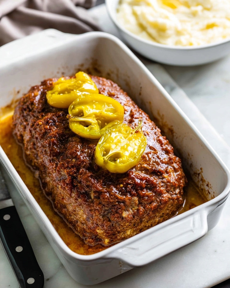 A large cooked meatloaf with a rough and browned surface sits in a white rectangular baking dish filled with juices. On top of the meatloaf, there are three shiny, light yellow peppers placed in a row. The baking dish rests on a white marbled surface, and part of a white bowl with mashed potatoes is blurred out in the background. A knife with a black handle is positioned next to the baking dish. photo taken with an iphone --ar 4:5 --v 7