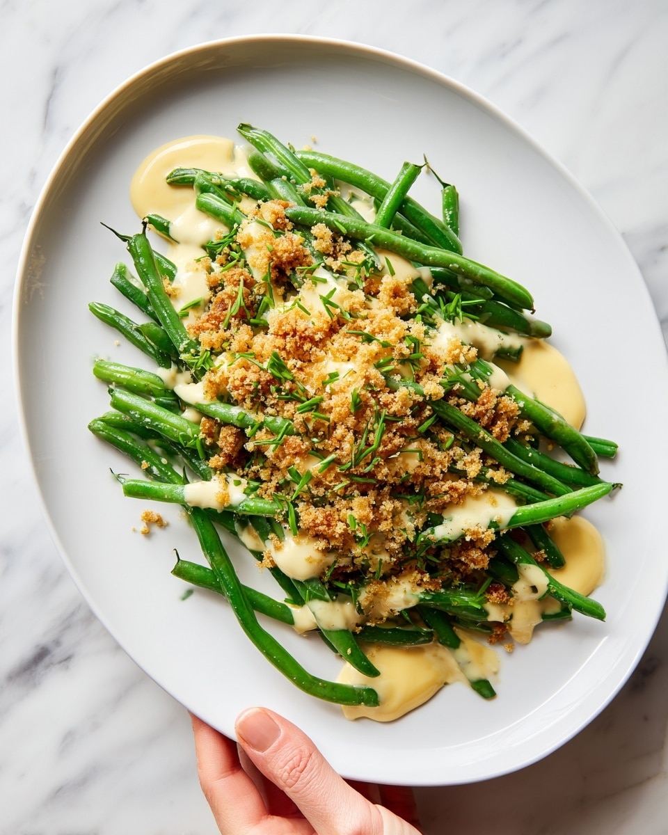 A white plate holds a serving of bright green green beans as the base layer, arranged loosely and spread across the plate. Over the green beans, there is a drizzle of creamy, pale yellow sauce distributed unevenly in small pools and streaks. The top layer consists of a generous sprinkle of golden brown toasted breadcrumbs mixed with finely grated cheese, adding a crunchy texture and a touch of light yellow zest scattered across the dish. A woman’s hand is visible at the edge of the plate, gently holding it against a white marbled texture surface. Photo taken with an iphone --ar 4:5 --v 7
