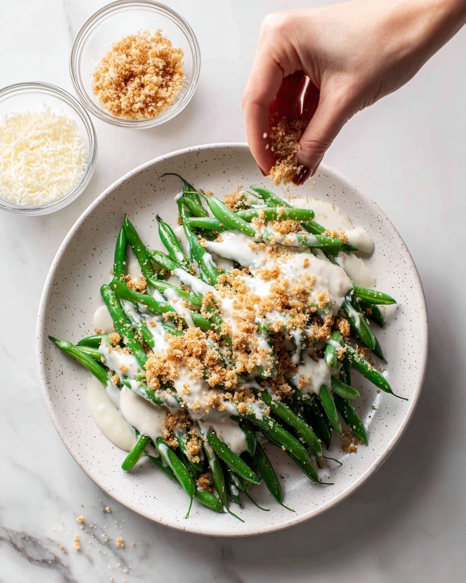 A plate with a pile of bright green cooked green beans as the base layer, topped with white creamy sauce drizzled unevenly over the beans, and a crunchy golden-brown crumb topping scattered on top. A woman's hand is sprinkling the crumb topping from above. To the left of the plate, there are two small clear containers, one filled with extra crumb topping and the other with grated white cheese, all set on a smooth white marbled surface. The plate itself is white with specks of light grey. Photo taken with an iphone --ar 4:5 --v 7