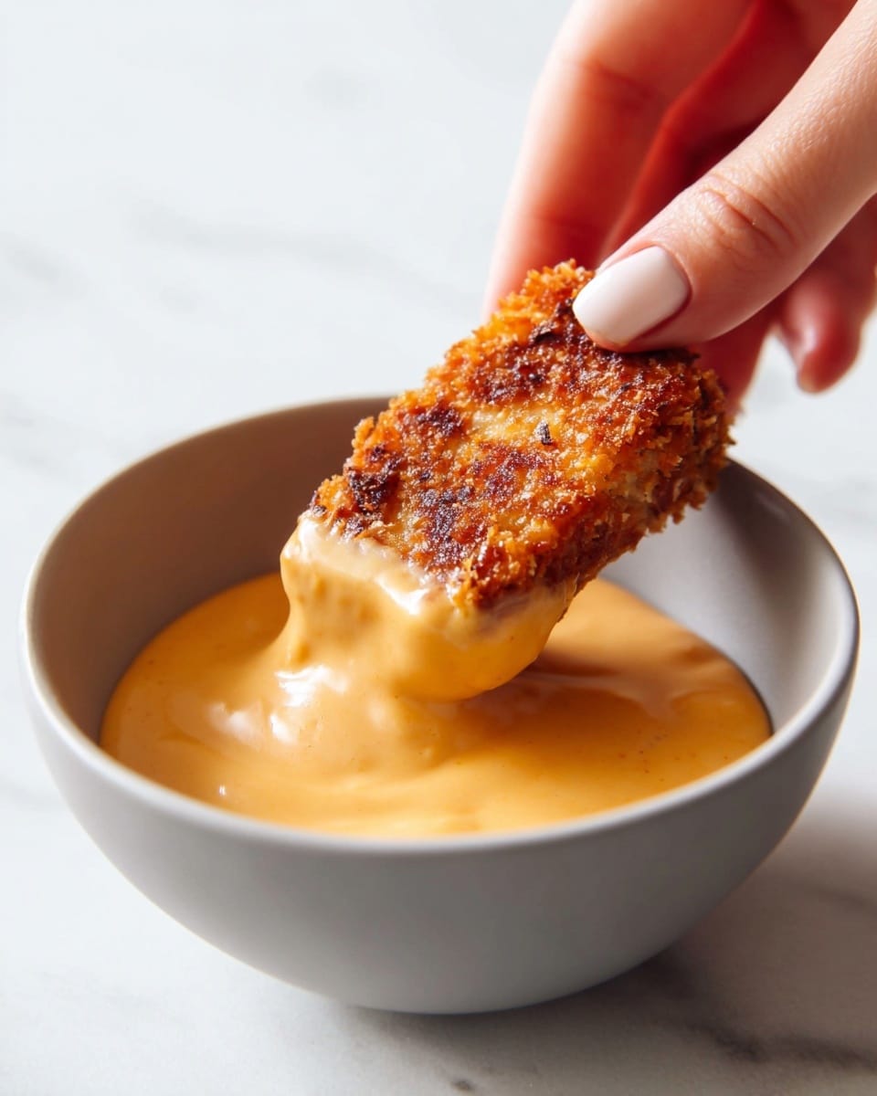 A white bowl contains a green leafy base that looks like chopped kale or spinach mixed with a creamy dressing, topped with sliced, golden brown grilled chicken that has a crispy texture. The chicken is covered with a light brown creamy sauce drizzled over the center. Fresh green leaves are scattered on top and around the base as garnish. A woman's hand with rings is holding the bowl from the side over a white marbled surface. Nearby, there are another similar bowl and a plate with grilled chicken and ketchup, all on the same white marbled surface. Photo taken with an iphone --ar 4:5 --v 7