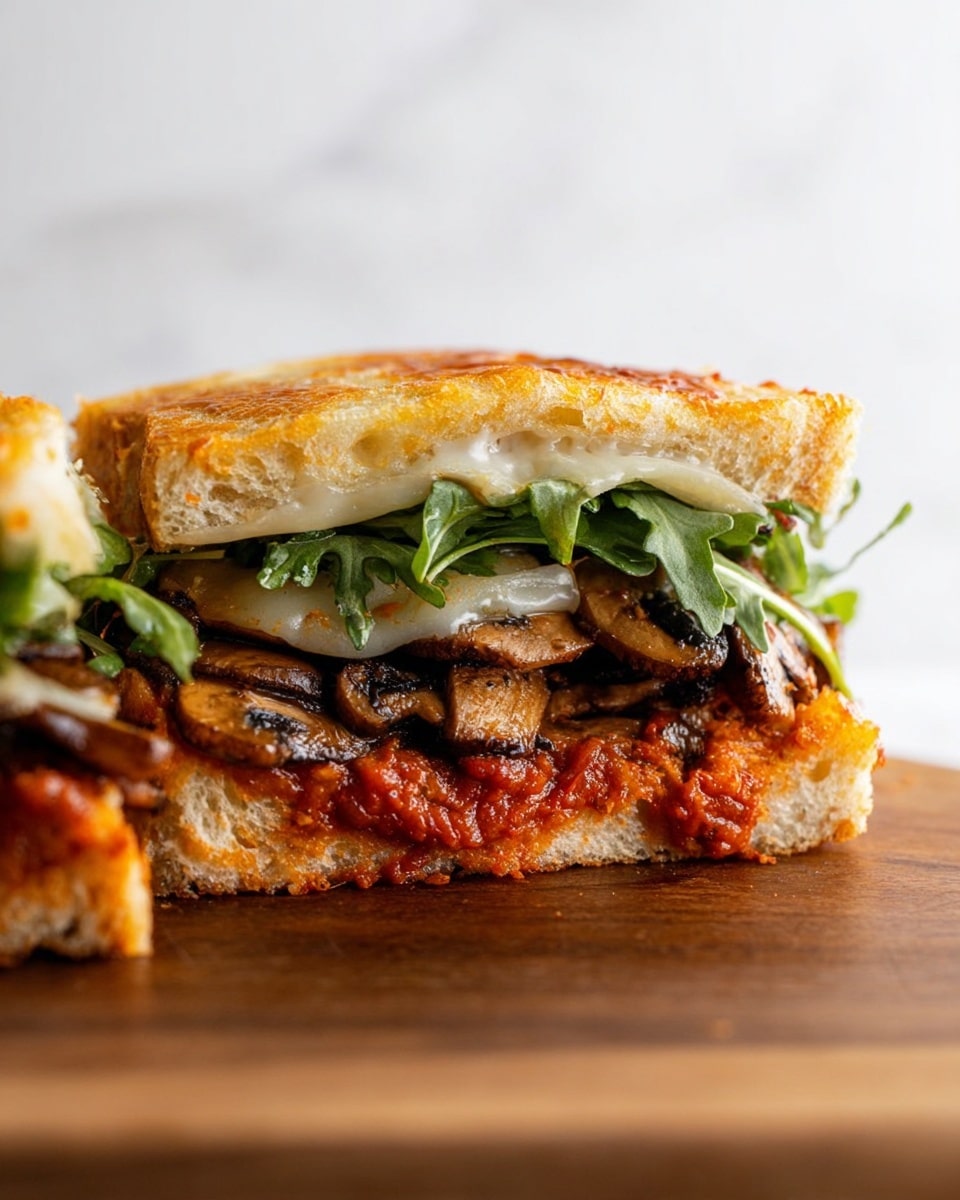 The image shows four sandwich pieces on a wooden board. Each sandwich has at least three layers: the bottom toasted bread slice with a golden-brown color and crispy texture; the middle layer includes dark grilled meat topped with melted white cheese that looks smooth and creamy; the top layer is fresh green leafy arugula. A woman's hand is holding metal tongs, placing the arugula on one sandwich, while another woman's hand is resting nearby on the white marbled surface. On the left side, there is a white bowl with thick white sauce and a spoon, and a glass jar with red sauce and a small silver spoon inside. A knife and a round wooden board are seen slightly on the right side. The whole scene has soft natural light. photo taken with an iphone --ar 4:5 --v 7