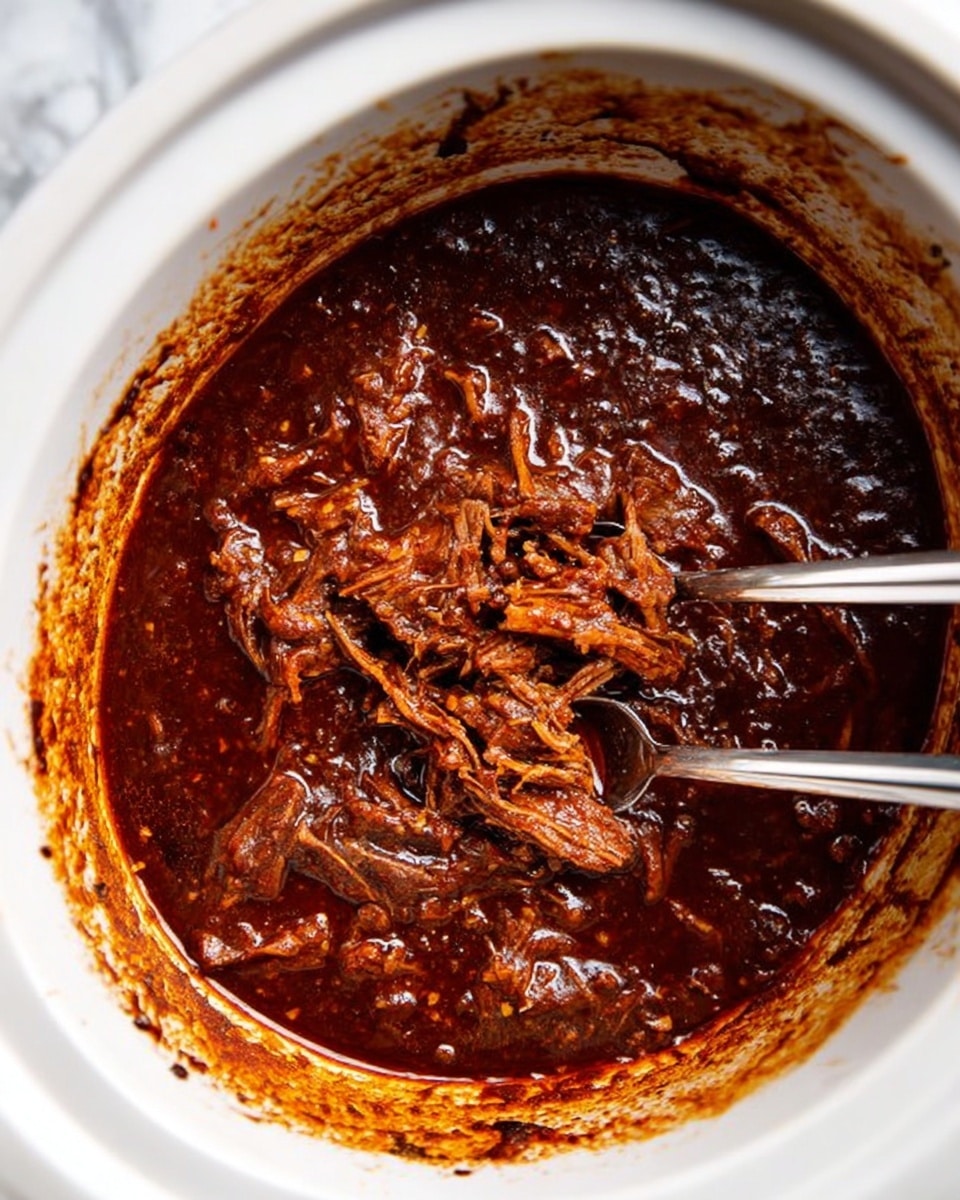 A close-up of a white slow cooker filled with rich, dark brown stew with visible shredded meat in the middle, surrounded by thick sauce that has a glossy and chunky texture. Two silver forks are placed inside the stew, showing the meat being pulled apart. The edge of the slow cooker has some cooked-on sauce residue. The background is a white marbled texture. Photo taken with an iphone --ar 4:5 --v 7