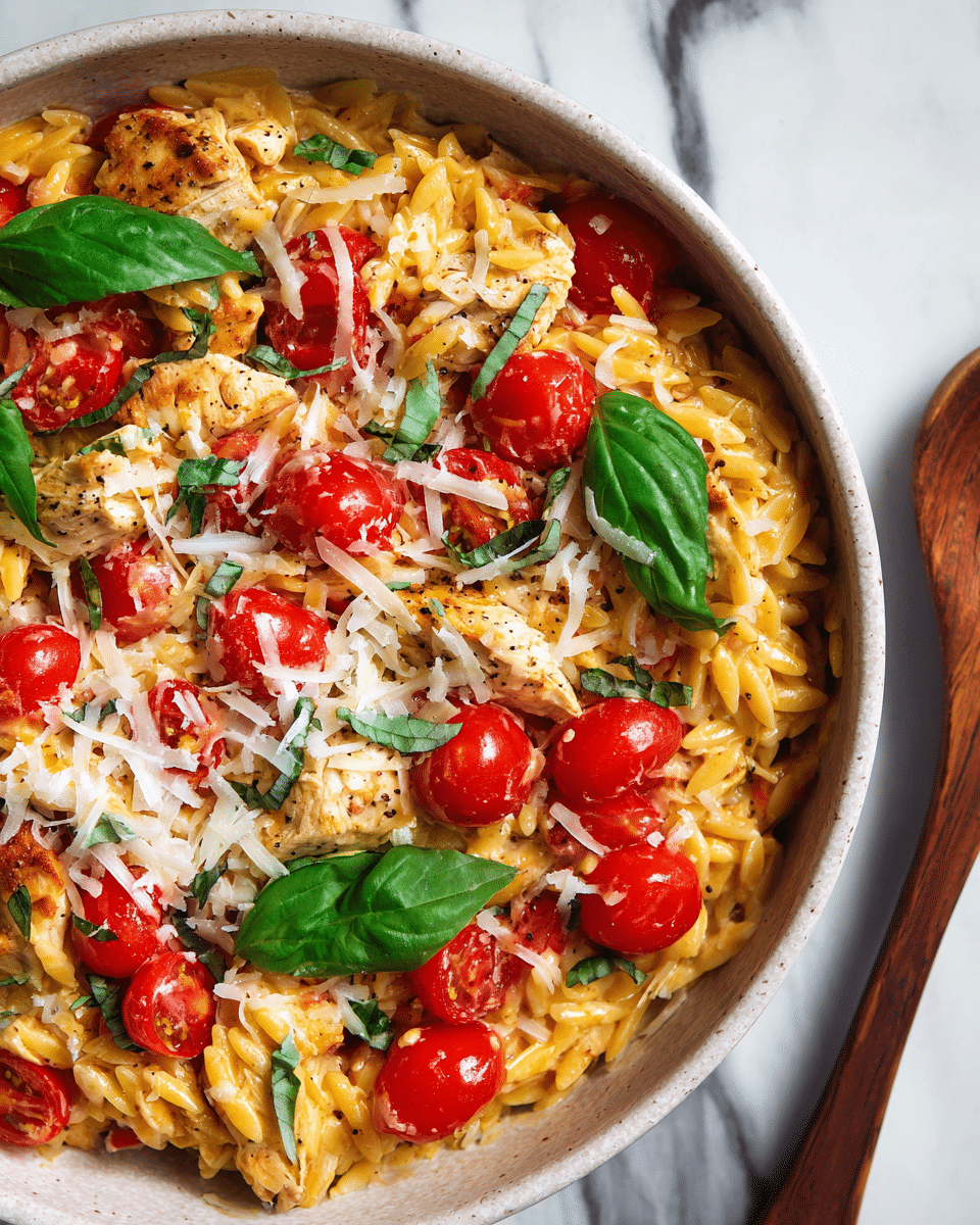 The image shows a close-up of a creamy dish with about three layers: a base layer of orange-yellow orzo pasta coated in sauce, mixed with pieces of light brown chicken; a middle layer of bright red cherry tomato halves scattered on top; and a finishing layer of white grated cheese sprinkled generously over the pasta and chicken. Fresh green basil leaves are placed on different spots across the dish, adding a vibrant touch. The textures include the creamy pasta, soft chicken, juicy tomatoes, and crumbly cheese. The dish rests on a surface with a white marbled texture and a wooden spoon is partially visible on the right side. photo taken with an iphone --ar 4:5 --v 7