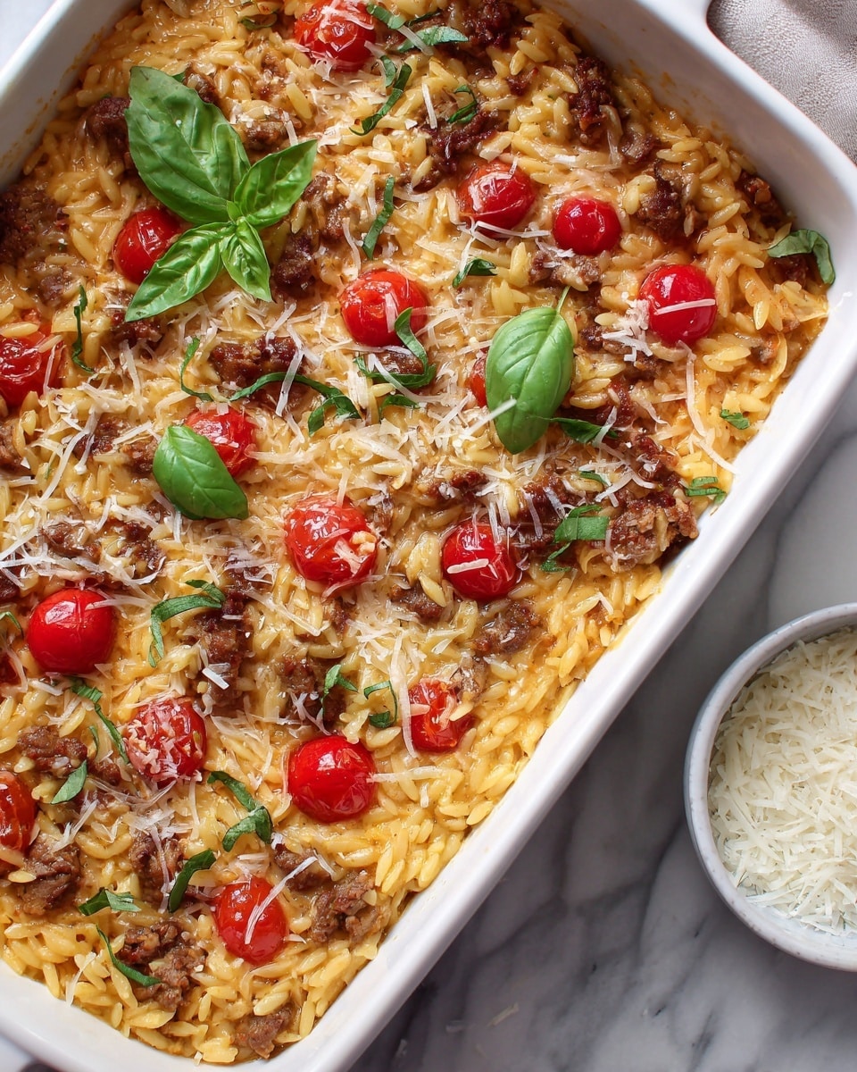 A close-up view of a white rectangular baking dish filled with a creamy orange risotto that has tender orzo grains as the base layer, mixed with cooked small meat pieces in a brown shade, and halved bright red cherry tomatoes scattered evenly throughout. The top layer is sprinkled with white grated cheese and fresh bright green basil leaves placed on top for garnish. The dish rests on a white marbled surface, and a small white bowl filled with more grated cheese is partially visible nearby. Photo taken with an iphone --ar 4:5 --v 7