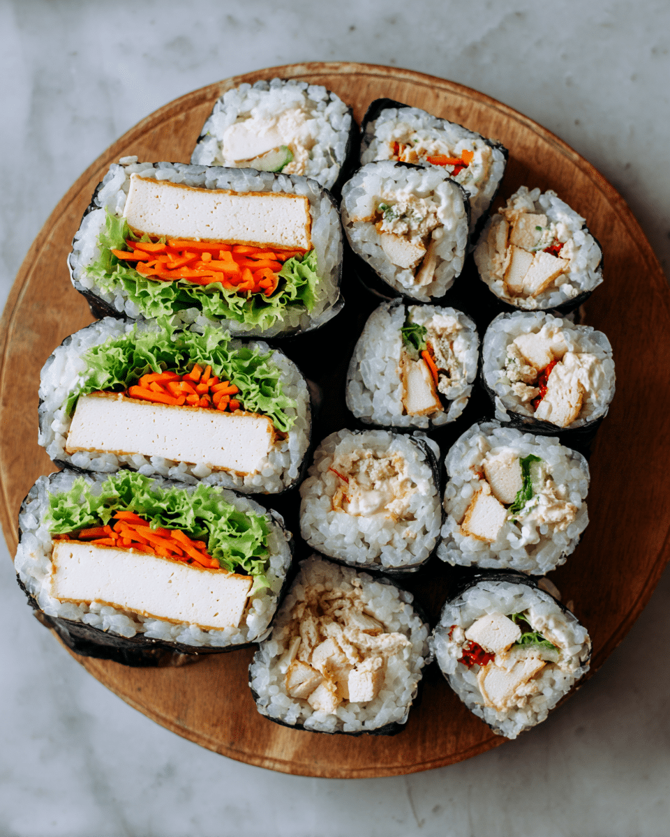 A round wooden board holds several pieces of sushi arranged closely together on top of a white marbled surface. Each sushi roll has three main layers inside the black seaweed wrap: a thick white layer of tofu in the center, a thin orange layer of carrot below it, and green shredded lettuce on top. The outermost layer is white sticky rice that surrounds the fillings and is held by the dark seaweed wrap. The two largest sushi pieces in the image are cut in half, showing the detailed layers clearly, while smaller sushi rolls are whole, displaying mostly the white tofu and some bits of the colorful fillings. Photo taken with an iphone --ar 4:5 --v 7
