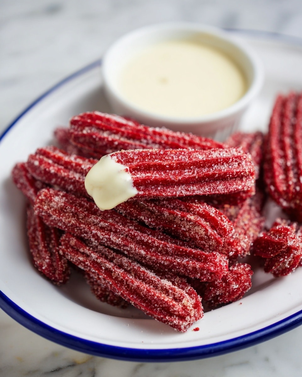 A white oval plate with a blue rim holds about a dozen short, ridged red churros coated in sugar, piled in a casual heap. One churro rests on top, dipped halfway in a smooth, creamy white sauce from a small round white bowl placed on the plate's edge. The churros have a rough, sugary texture and a deep red color that contrasts with the sauce. The plate is set on a white marbled surface. photo taken with an iphone --ar 4:5 --v 7