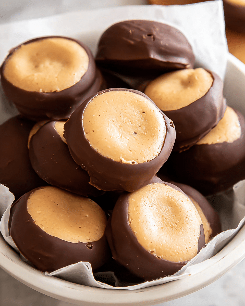 A close-up view of round chocolate-covered treats in a white bowl lined with white paper. Each treat has two visible layers: a smooth dark brown chocolate outer coating and a light tan creamy center on top, slightly domed with a soft texture. The treats are stacked closely together, showing slight variations in chocolate thickness and small imperfections on the surface, all set against a white marbled texture. photo taken with an iphone --ar 4:5 --v 7