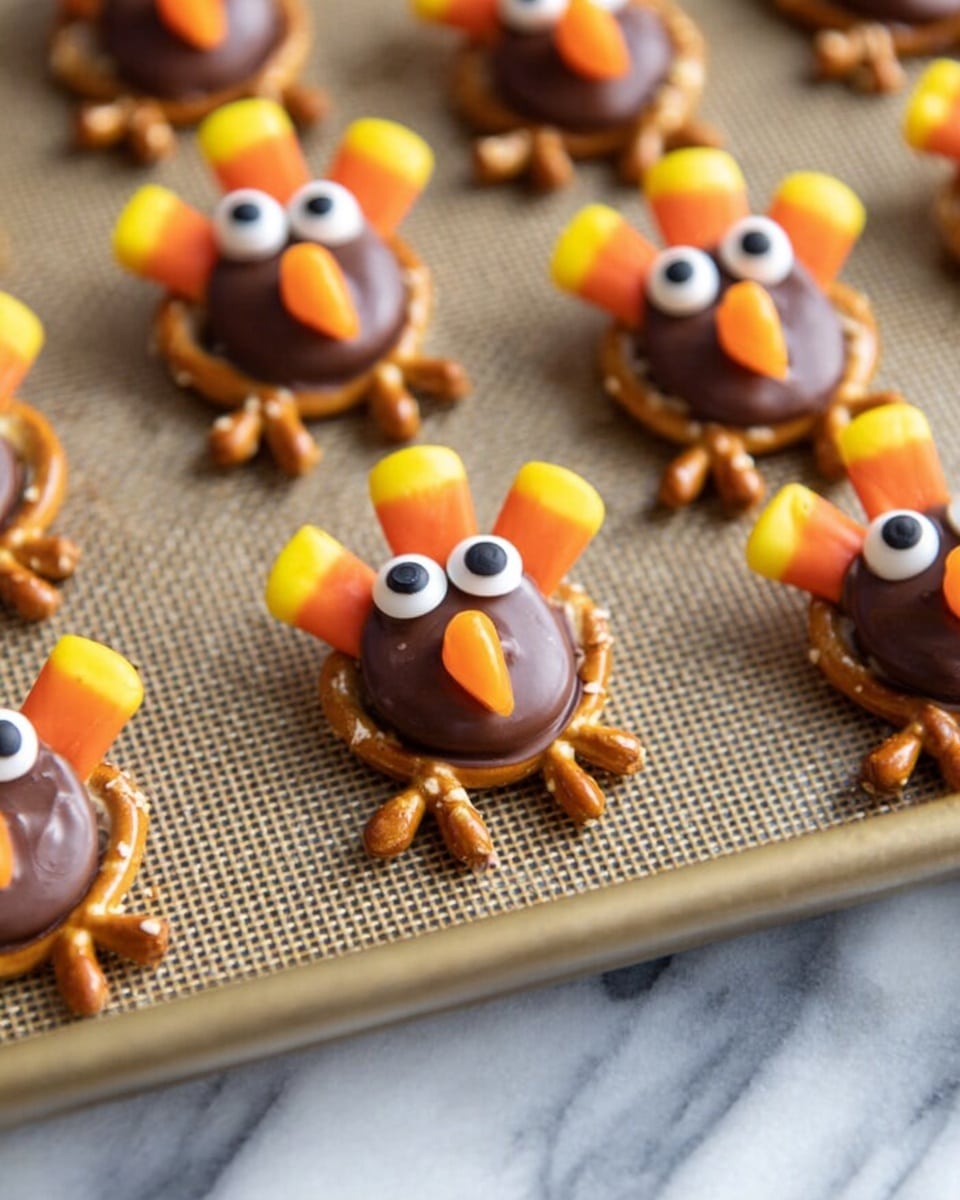 The image shows small turkey-shaped treats arranged on a baking sheet lined with a textured mat. Each treat has a base made of two small, twisted pretzels positioned side by side to form the turkey's feet. Above the pretzels, there is a round dollop of smooth milk chocolate that forms the turkey's body and head. Stuck into the chocolate are three candy corn pieces arranged like fanned feathers, displaying bright yellow, orange, and white colors. Two large, round white candy eyes with black centers are placed near the top of the chocolate circle, and a small candy in orange or yellow is attached in the middle as the turkey’s beak. The surface beneath the baking sheet has a white marbled texture. photo taken with an iphone --ar 4:5 --v 7