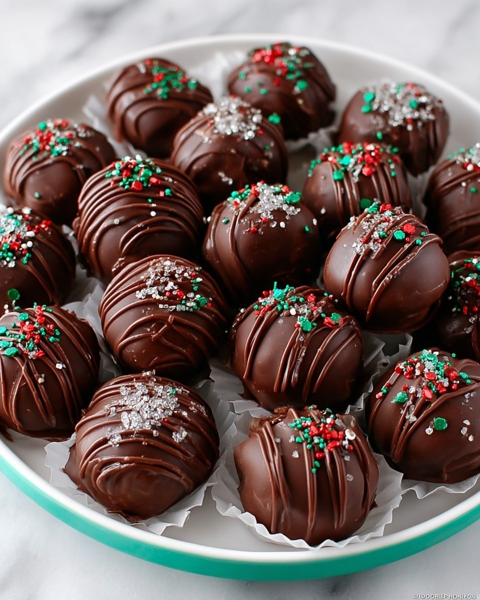 A white plate holds around twenty round chocolate truffles, each coated with a smooth dark chocolate layer and drizzled with thin lines of darker chocolate on top. The truffles vary slightly in texture—some have a matte finish while others are shiny. They are decorated with small, colorful sprinkles in red, green, white, and silver sugar crystals scattered across their tops. A few pieces of white parchment paper sit beneath some truffles, adding contrast to the dark chocolate. The plate rests on a white marbled surface, creating a clean, bright background. photo taken with an iphone --ar 4:5 --v 7