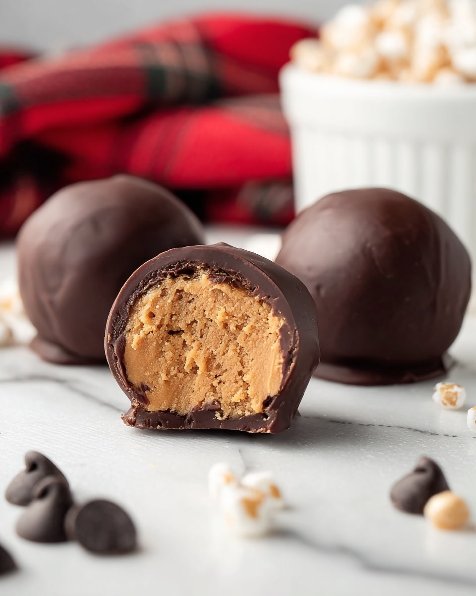 The image shows three round chocolate balls resting on a white marbled surface. The closest chocolate ball is cut in half to reveal a light brown, crumbly peanut butter inside layer with a slightly rough texture. The outer layer is a smooth, shiny dark chocolate coating that covers the peanut butter center completely. Two whole chocolate balls sit behind it, identical in dark brown color and glossy texture. Scattered around are a few dark chocolate chips and some small white puffed rice pieces, adding contrast to the scene. In the background, out of focus, there is a white dish and a blurred red plaid fabric. photo taken with an iphone --ar 4:5 --v 7