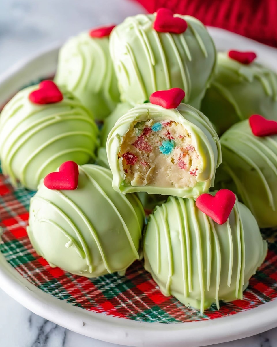 A close-up of several round dessert balls coated in smooth, light green chocolate with thin green chocolate drizzle on the outside, each topped with a small red heart decoration placed near the top edge; one dessert ball is cut open in the center, revealing a creamy inside with colorful red, green, and blue sprinkles mixed throughout; all the balls are arranged closely on a white plate with a crisscross plaid pattern in red and green lines, sitting on a white marbled surface; photo taken with an iphone --ar 4:5 --v 7