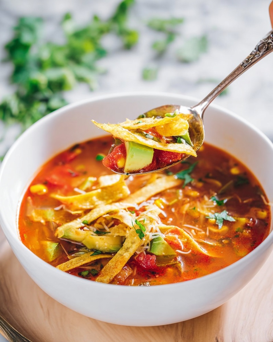 A white bowl filled with bright red tomato broth layered with chunky pieces of green avocado, crispy yellow tortilla strips, small bits of melted white cheese, and fresh green cilantro leaves scattered on top. Inside the soup, there are visible seeds of corn and bits of tomatoes. A silver spoon is placed over the bowl, holding a scoop of the soup with avocado, tortilla strips, corn, and tomato chunks, with a woman’s hand holding the spoon from above. The bowl sits on a light wooden surface with blurred green herb leaves and a white marbled background in soft focus. Photo taken with an iphone --ar 4:5 --v 7