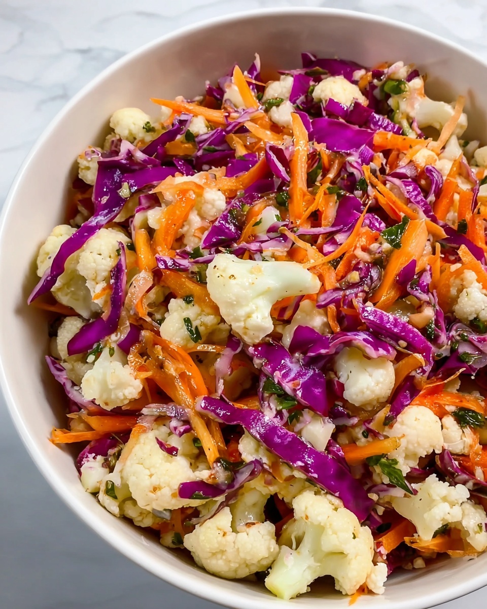 A close-up image of a fresh salad in a white bowl sitting on a white marbled surface, showing three main layers mixed together: a base of small, creamy white cauliflower florets with a bumpy texture, vibrant thin strips of purple cabbage scattered evenly throughout, and bright orange shredded carrots adding color contrast and a slightly rough texture. The vegetables are tossed, giving a lively mix of colors with small green herb pieces visible here and there, and the salad looks slightly glossy as if lightly dressed. Photo taken with an iphone --ar 4:5 --v 7