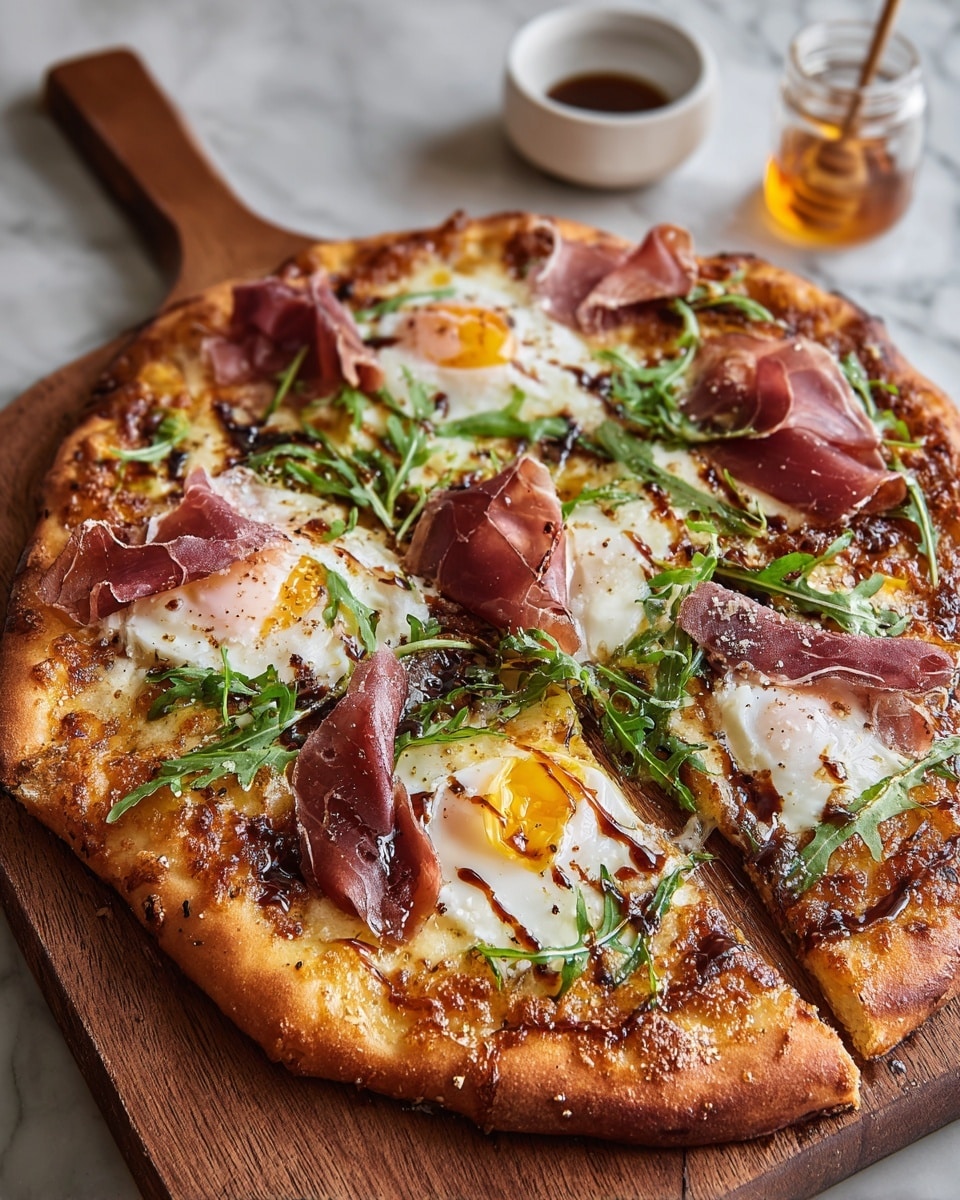 A pizza on a wooden board with a golden-brown, slightly thick crust, covered with melted cheese that is bubbly and browned in spots. On top, there are five fried eggs with bright yellow yolks and smooth white edges. Thin slices of dark pink prosciutto are spread over the eggs and cheese, some pieces folded and layered to add texture. Fresh green arugula leaves are scattered on top, adding a touch of brightness and contrast. The pizza is lightly drizzled with a dark sauce, which glistens against the other toppings. The wooden board is placed on a white marbled surface, with a small white bowl and a glass jar of honey or syrup blurred in the background. Photo taken with an iphone --ar 4:5 --v 7