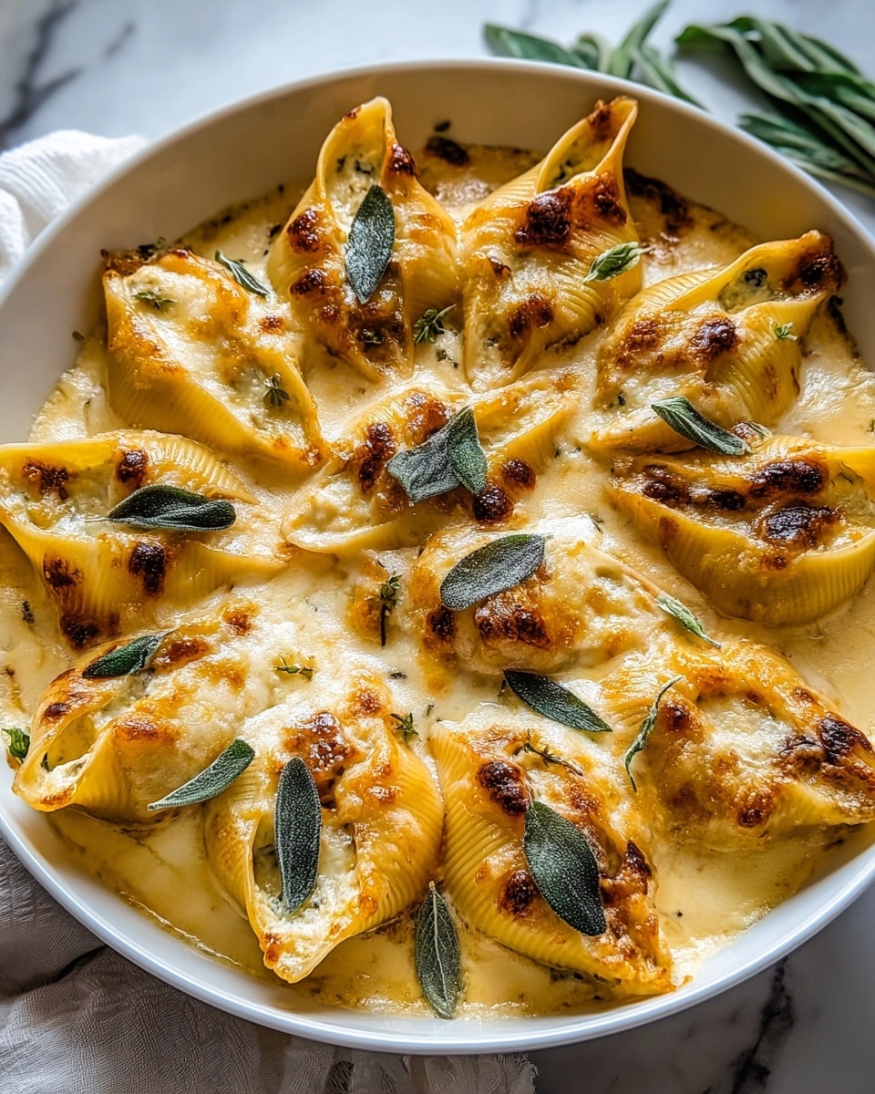 A white round bowl filled with large pasta shells arranged in a circle, each shell stuffed and covered with melted golden cheese that is bubbly and slightly browned on top. The creamy sauce is thick and fills the base of the bowl, with green sage leaves scattered on and around the pasta adding contrast. The bowl sits on a white marbled surface with a white cloth napkin partially visible on the side. The dish looks warm and inviting with a rich texture from the cheese and pasta. photo taken with an iphone --ar 4:5 --v 7