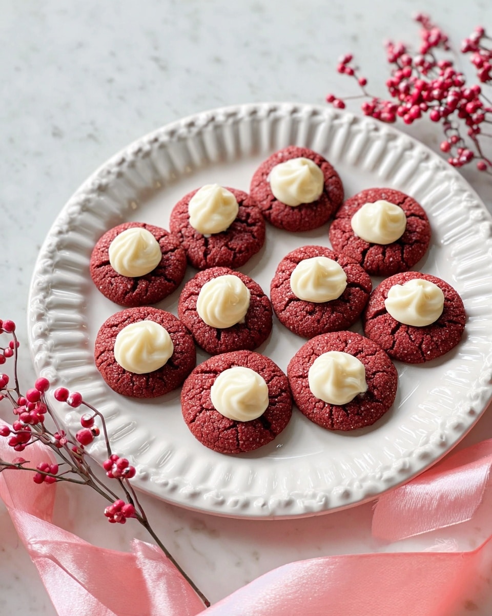 Nine round red cookies with a cracked surface texture are arranged neatly on a white plate with a raised decorative edge. Each cookie has a smooth, creamy white dollop of frosting placed in the center. The plate sits on a white marbled surface, with part of a shiny pink ribbon and decorative berry stems beside it. photo taken with an iphone --ar 4:5 --v 7