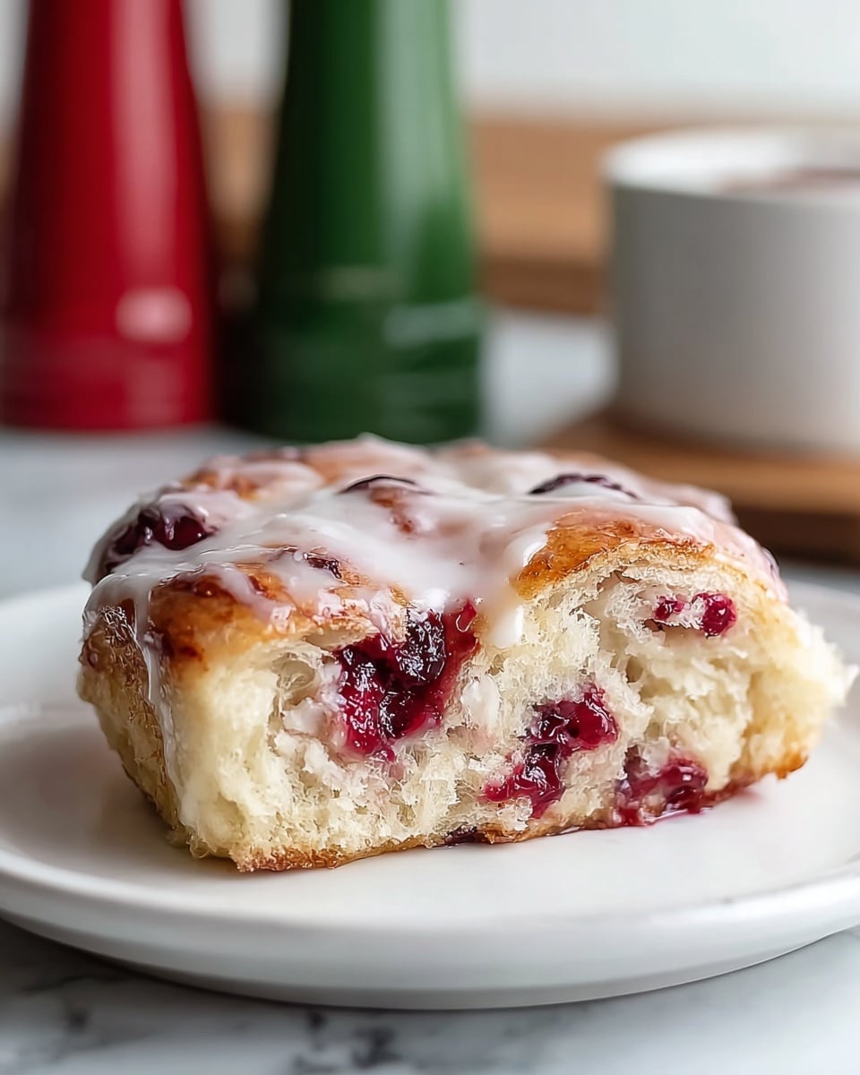 A single piece of pastry sits on a white plate placed on a white marbled surface. The pastry has one visible layer of light golden-brown crust with a soft, airy inside that is pale cream colored. Mixed into the dough are several deep red berry-like spots with a juicy, glossy texture. The top is coated with a smooth, glossy white icing that gently drips down the side, adding a shiny layer over parts of the golden-brown crust. The background is blurred but shows two shakers, one green and one red, creating a cozy kitchen look. photo taken with an iphone --ar 4:5 --v 7