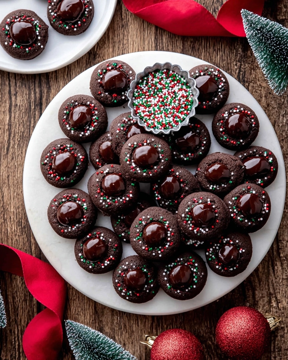 A white round wooden board holds 18 dark chocolate cookies, each with a shiny, smooth central chocolate filling sprinkled with small red, green, and white round sprinkles, arranged in a casual cluster. At the top of the board is a small scalloped metal bowl filled with the same red, green, and white round sprinkles. To the left, a white plate shows a few more of these cookies. The background is a wooden surface with a red ribbon curving from the bottom left, and a small sparkly green Christmas tree and two red Christmas ornaments placed near the bottom right edge. photo taken with an iphone --ar 4:5 --v 7