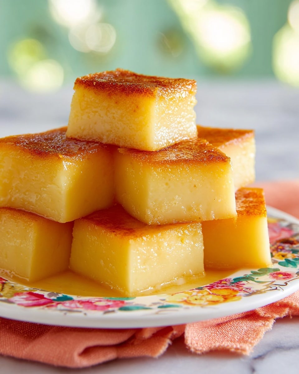 A stack of six square pieces of a smooth, yellow dessert with a lightly browned, slightly crispy top layer. Each piece is thick with one uniform creamy layer, showing a shiny and soft texture under the caramelized surface. The squares are arranged in a pyramid shape on a white plate decorated with colorful floral patterns on the edges. The plate sits on a light orange cloth that is partly visible on a white marbled surface, with a blurred background of soft green and white light. photo taken with an iphone --ar 4:5 --v 7