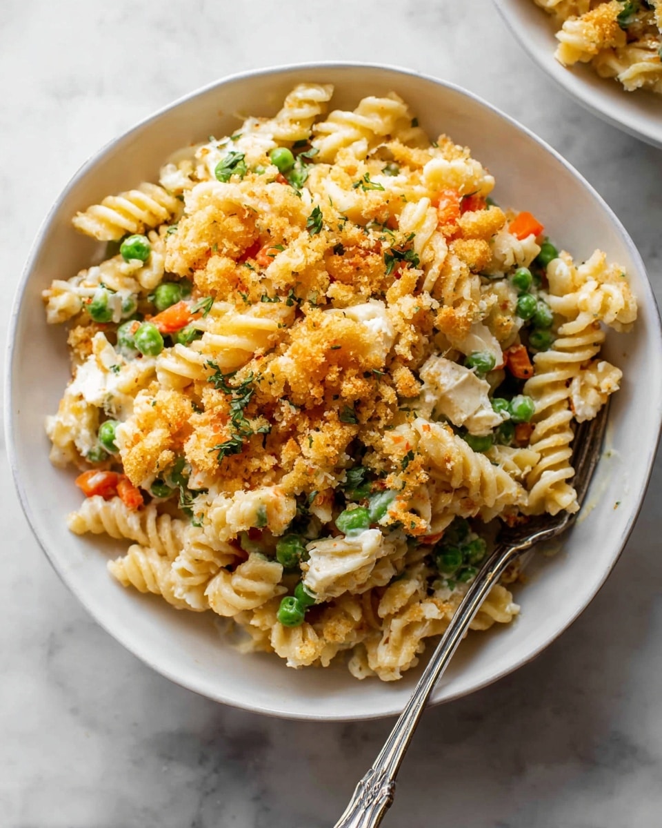 The image shows a white bowl filled with three layers of food. The bottom layer is pasta spirals, creamy and coated with a pale yellow sauce. The middle layer has small green peas and bits of orange carrot scattered throughout. The top layer is made up of golden-brown toasted crumbs and chunks of white cheese mixed in, giving a textured look. A silver fork rests on the right side of the bowl, and the bowl sits on a white marbled surface. Photo taken with an iphone --ar 4:5 --v 7