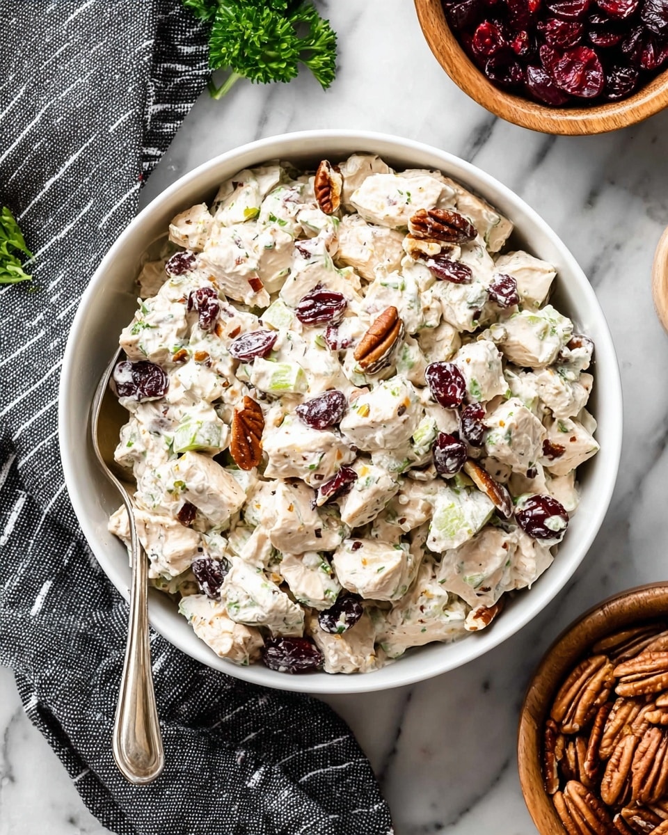 A white bowl filled with creamy chicken salad made with chunks of white chicken pieces mixed with chopped green celery, dark red dried cranberries, and brown pecan nuts, all coated in a thick white mayonnaise dressing that has visible green herb specks; the salad is garnished with a small green parsley leaf on the side. A metal spoon is partially inside the bowl on the left, resting on a dark gray cloth with white stripes. Surrounding the bowl are a wooden bowl of pecans on the right and a wooden bowl of dried cranberries on the top left, all placed on a white marbled surface photo taken with an iphone --ar 4:5 --v 7