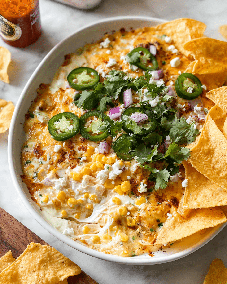 A white plate holds a creamy, cheesy dish layered with melted golden cheese mixed with whole yellow corn kernels. On top, there are fresh green cilantro leaves covering much of the dish, along with slices of dark green jalapeño peppers and small pieces of purple-red onion scattered around. Crumbled white cheese is sprinkled across the surface. Crunchy, folded yellow corn chips are placed on one side, some dipped in the creamy cheesy mixture with corn pieces visible on the chips. The plate sits on a white marbled surface with a bottle of hot sauce and a wooden board partially visible. photo taken with an iphone --ar 4:5 --v 7