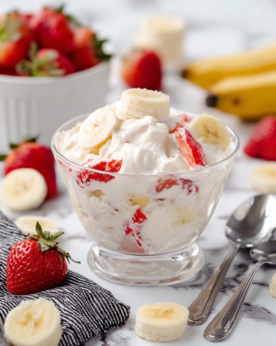 The image shows a clear glass bowl filled with a creamy white mixture that looks like whipped cream or yogurt. Inside the bowl, there are visible slices of red strawberries and pale yellow banana pieces mixed throughout. The bowl sits on a white marbled surface, surrounded by fresh strawberries, some whole and some halved, and more banana slices scattered around. Two silver spoons rest on a black and white striped cloth near the bowl. In the background, there is a blurred white bowl containing a similar creamy mixture with fruit inside. The photo taken with an iphone --ar 4:5 --v 7