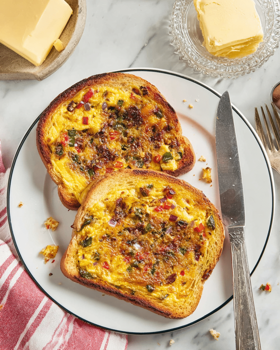 Two slices of thick toasted bread sit on a white plate with a thin black rim, placed on a white marbled surface. Each slice is covered in a cooked egg mixture that fills the entire surface of the bread. The egg layer is golden yellow with browned, slightly crispy patches scattered across, mixed with bits of sautéed vegetables like green and red peppers, and onions adding specks of green, red, and translucent white. A vintage silver butter knife rests on the right side of the plate. Nearby, there is a glass butter dish with a block of yellow butter and a textured glass shaker visible on the top right, while a fork and a red-and-white striped napkin peek from the left side. There are small crumbs scattered around, adding a casual, homemade feel. Photo taken with an iphone --ar 4:5 --v 7