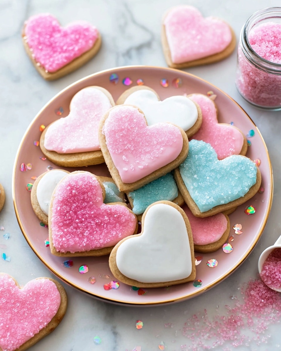 A pink plate with colorful dots holds nine heart-shaped sugar cookies, each decorated differently but all with smooth icing and sugar crystals. The cookies are arranged in layers, showing a base of light brown cookie dough beneath layers of pastel icing in white, pink, and light blue. The pink icing cookies are topped with coarse pink sugar crystals, giving a sparkling texture. The white icing cookies also have pink sugar crystals sprinkled on top, creating soft spots of color. One cookie with blue icing stands out near the center. Around the plate, more heart-shaped cookies rest on a white marbled surface, along with a small spilled jar of pink sugar crystals to the right. photo taken with an iphone --ar 4:5 --v 7