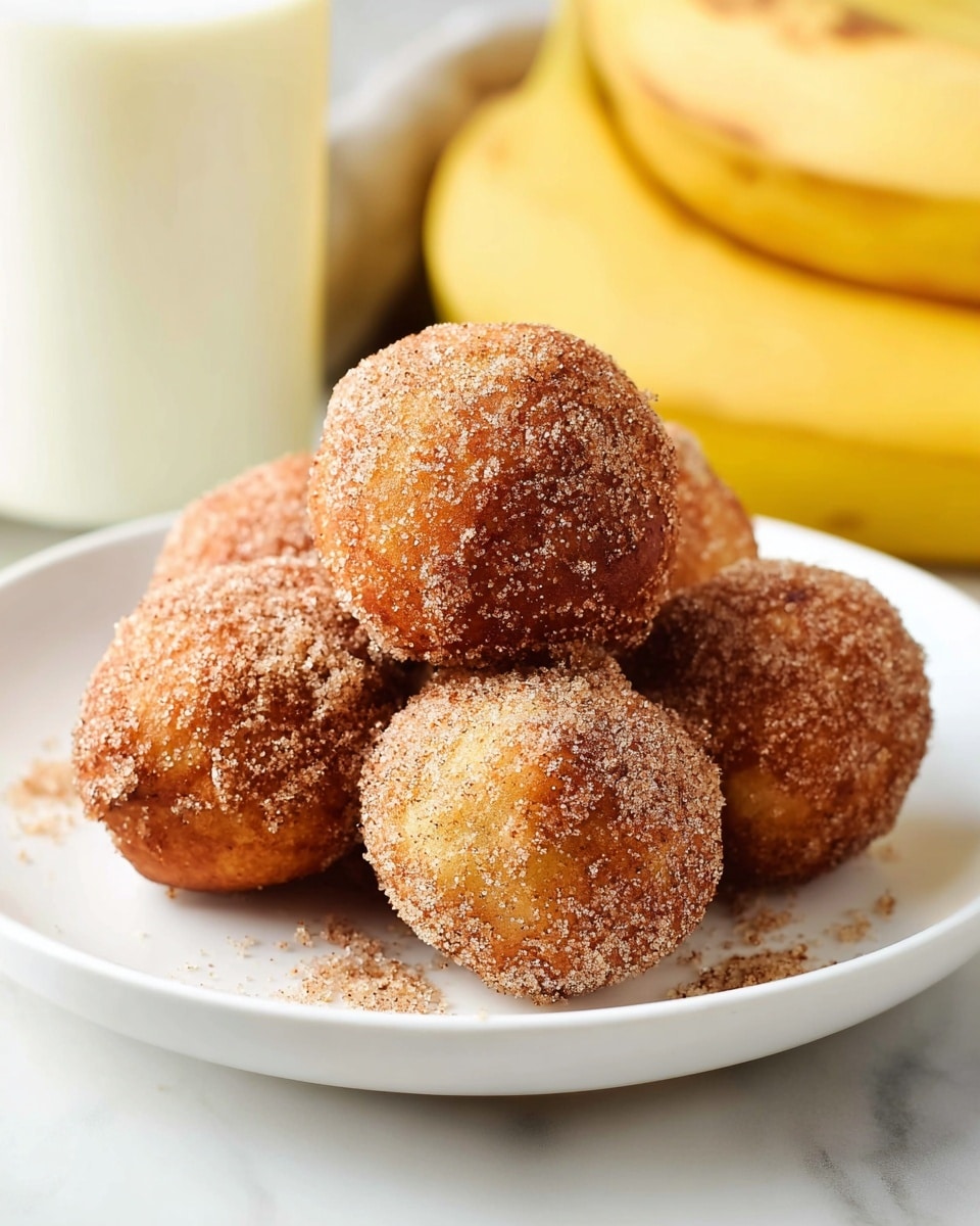 A white plate holds six round, golden-brown donut holes all evenly covered with a sparkling layer of cinnamon sugar, giving them a rough texture. The donut holes are piled on top of each other in a small heap, with some sugar granules scattered lightly on the white marbled surface beneath the plate. In the background, a whole banana's bright yellow peel curves around a tall glass of milk, which is only partially visible and out of focus. The photo taken with an iphone --ar 4:5 --v 7