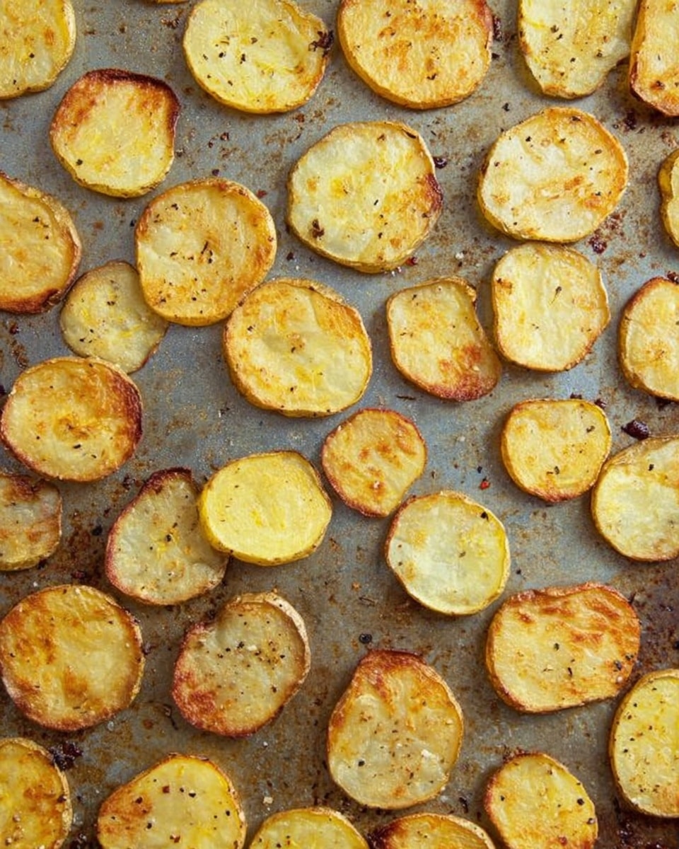 The image shows a baking tray covered with thin slices of cooked potato arranged in a single layer. Each potato slice varies in size and shape with colors ranging from light yellow to golden brown, some edges are darker and crispier, showing signs of roasting. The texture looks crunchy on the outside with soft centers visible. The tray’s metal surface is lightly stained and has small bits of seasoning or oil scattered around the slices, enhancing the roasted appearance. photo taken with an iphone --ar 4:5 --v 7
