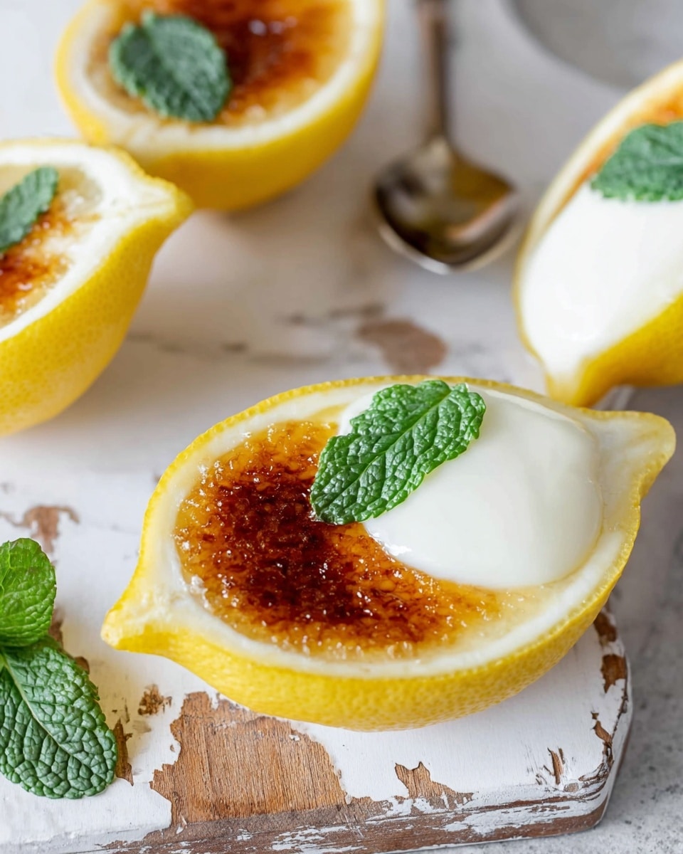 The image shows three lemon halves placed on a white marbled surface with some worn wooden patches. Two of the lemon halves have a burnt caramelized brown topping resembling crème brûlée, while the third lemon half is filled with a smooth white cream, garnished with two fresh green mint leaves on top. There is a small silver spoon laid nearby, adding to the setup. The lemons have bright yellow rinds with white inner pulp visible where they are hollowed. Photo taken with an iphone --ar 4:5 --v 7