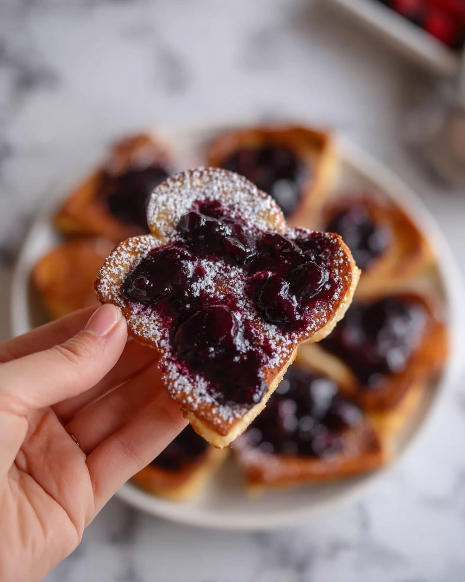 A plate filled with about eight pieces of golden brown French toast, stacked unevenly. Each piece has a light dusting of white powdered sugar on top and is covered with chunky, dark purple blueberry compote that looks juicy and textured. The French toast pieces are thick and fluffy with a slightly crispy edge. The plate is white and sits on a white marbled surface. In the background, there is a blurred view of another white plate with more French toast. photo taken with an iphone --ar 4:5 --v 7