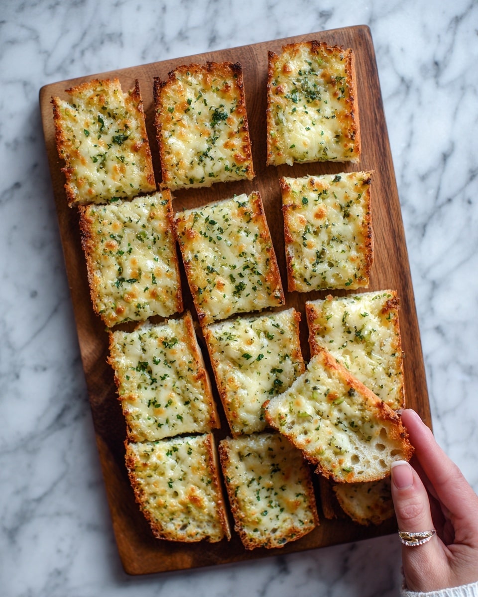 The image shows a wooden cutting board with ten rectangular pieces of garlic bread arranged in two uneven rows. Each piece has a golden-brown toasted crust with a textured top layer of melted cheese mixed with finely chopped green herbs, giving a speckled green and yellow look. The bread base underneath is light and soft with some airy holes visible on the sides. A woman’s hand with light skin and a delicate ring is holding one piece at the bottom right corner. The cutting board is placed on a white marbled surface. photo taken with an iphone --ar 4:5 --v 7