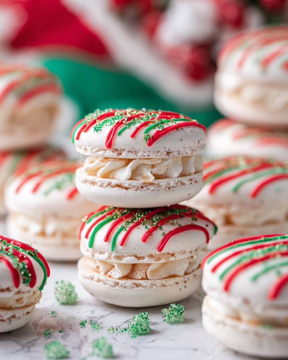 A stack of three white macarons each has a smooth, creamy white filling layer sandwiched between two slightly textured, pale beige shells. Each top shell is decorated with bright red, wavy lines of icing and sprinkled with tiny green sugar crystals. The macarons rest on a white marbled surface scattered with the green sugar crystals, with other similarly decorated macarons blurred softly in the background. Photo taken with an iphone --ar 4:5 --v 7