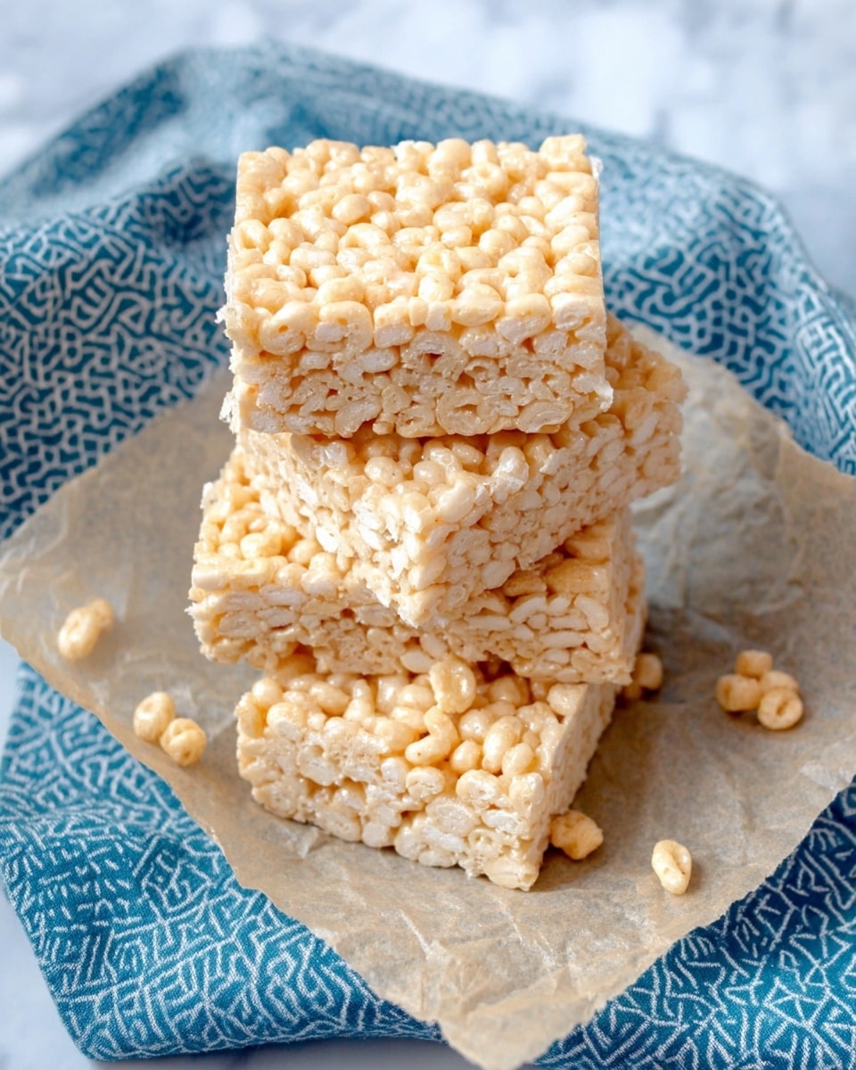 Four rectangular rice crispy treats are stacked on crinkled light brown parchment paper, placed over a blue cloth with a white geometric pattern. Each treat has a uniform layer of tightly packed, light golden puffed rice cereal bound together with a glossy, smooth, light beige marshmallow mixture. A few loose cereal pieces are scattered around the treats on the parchment paper. The scene is set on a white marbled surface. photo taken with an iphone --ar 4:5 --v 7