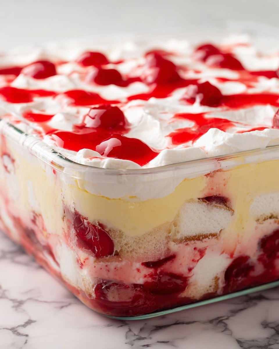 A close-up view of a layered dessert in a clear glass dish sitting on a white marbled surface. The bottom layer is a bright red cherry filling with whole cherries visible. Above it, there is a layer of white cake pieces soaked partially in cherry juice, giving some areas a pink tint. On top of the cake layer is a pale yellow creamy custard layer that looks smooth and thick. The top layer is a thick white whipped cream with a glossy texture, swirled and dotted with glossy red cherry sauce. The whipped cream has red cherry pieces and swirls of cherry sauce scattered evenly across. Photo taken with an iphone --ar 4:5 --v 7