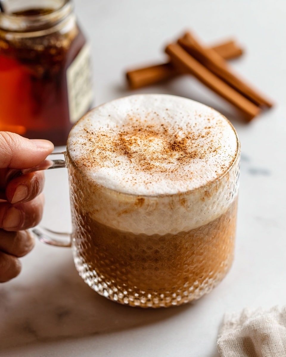 A clear glass cup with a textured surface is filled with a dark brown liquid, topped by a tall, fluffy layer of white whipped cream sprinkled with light brown cinnamon powder; the cup sits on a white plate with a rust-orange center and cream edge, next to two cinnamon sticks resting on the plate's bottom right; in the background, there's a small white bowl with golden brown liquid and a spoon, all set on a white marbled surface. photo taken with an iphone --ar 4:5 --v 7