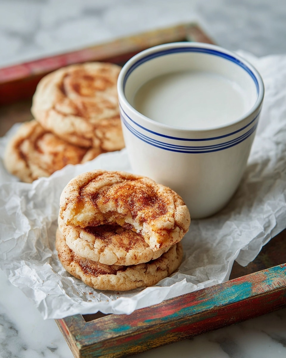 A white cup with two blue rings is filled with milk, placed on crumpled white parchment paper that rests on a multicolored wooden tray. In front of the cup, there is a stack of two soft cookies with a light beige color, swirled with darker brown cinnamon patterns. The top cookie is partially broken, showing its soft and crumbly texture inside. Behind the cup, three more cookies with similar colors and textures lay flat on the parchment, creating a cozy arrangement. The scene is set on a white marbled surface. photo taken with an iphone --ar 4:5 --v 7