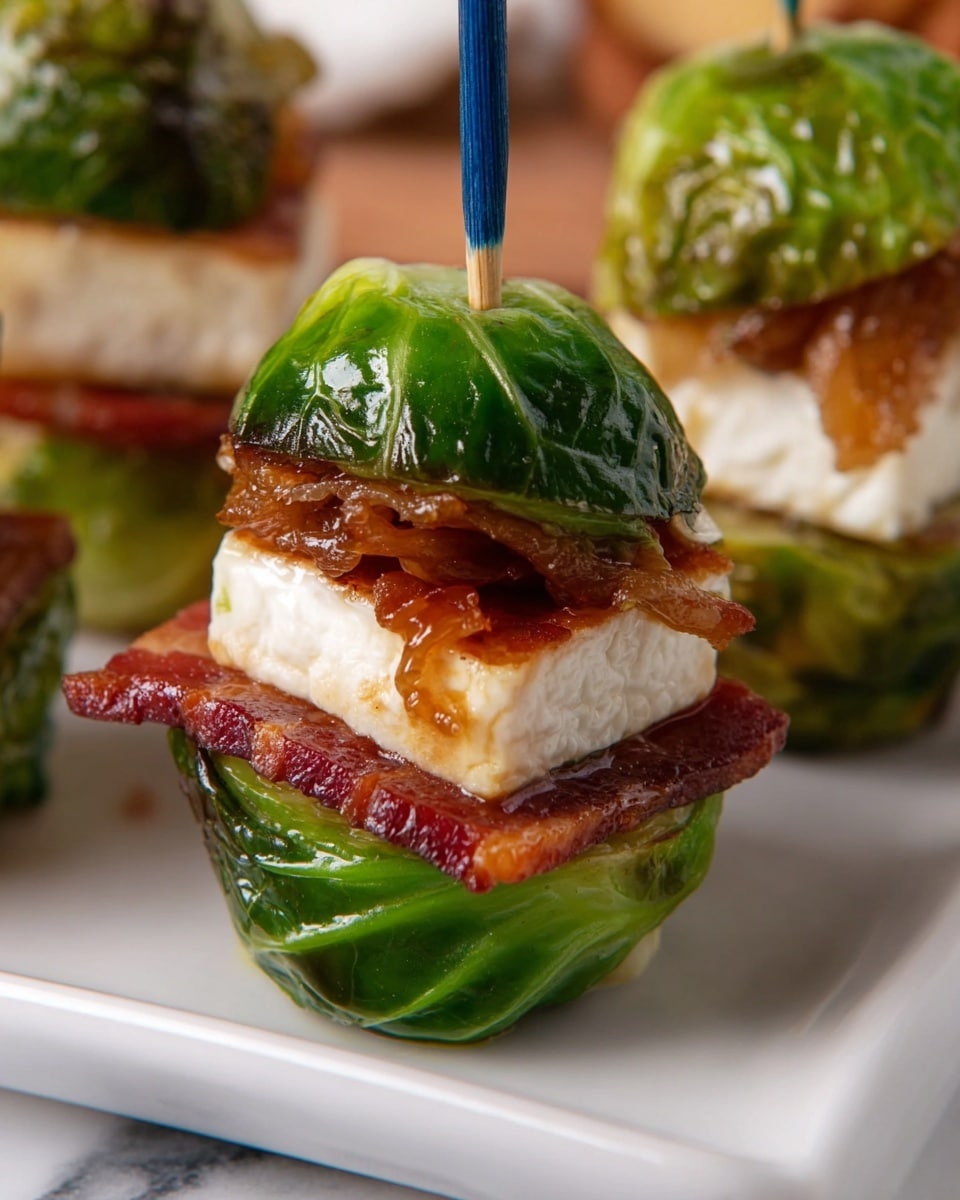 The image shows a small sandwich appetizer made with three main layers. The bottom layer is a green, shiny, slightly wrinkled Brussels sprout leaf forming a cup shape. On top of this is a crispy reddish-brown strip of bacon, slightly curled at the edges. Above the bacon sits a thick square piece of white creamy cheese, smooth in texture. Resting on the cheese is a thin, glossy layer of caramelized onions, golden brown with a sticky look. The appetizer is topped with another green Brussels sprout leaf, shiny and textured with natural wrinkles. A blue cocktail pick pierces through the center, holding the layers together. The snacks are placed on a white plate set against a white marbled surface. Photo taken with an iphone --ar 4:5 --v 7