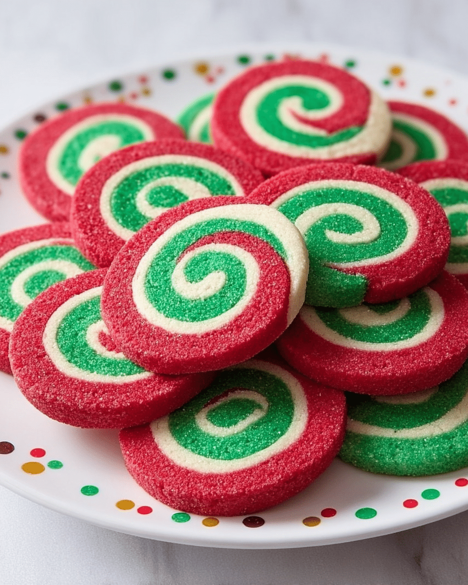 A white plate with colorful red, green, and yellow dots holds about a dozen round swirl cookies stacked in a shallow pile. Each cookie has three thick spiral layers: the outer layer is bright red and slightly textured, the middle layer is creamy white and smooth, and the inner spiral is a vibrant green with a slightly rougher surface. The plate sits on a white marbled texture. photo taken with an iphone --ar 4:5 --v 7