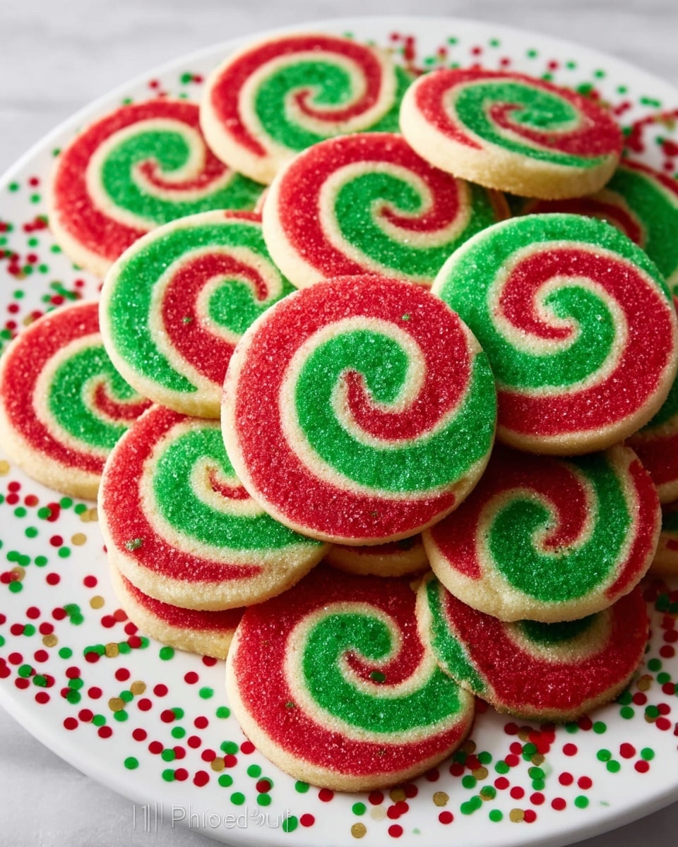 A pile of round spiral cookies is shown on a white plate with scattered red, green, and yellow dots all over it. Each cookie has three layers forming a swirl pattern: a bright green inner layer, a white middle layer, and a red outer layer, creating a festive look. The cookies have a smooth and slightly textured surface that shows the layering clearly. The plate sits on a white marbled texture. photo taken with an iphone --ar 4:5 --v 7