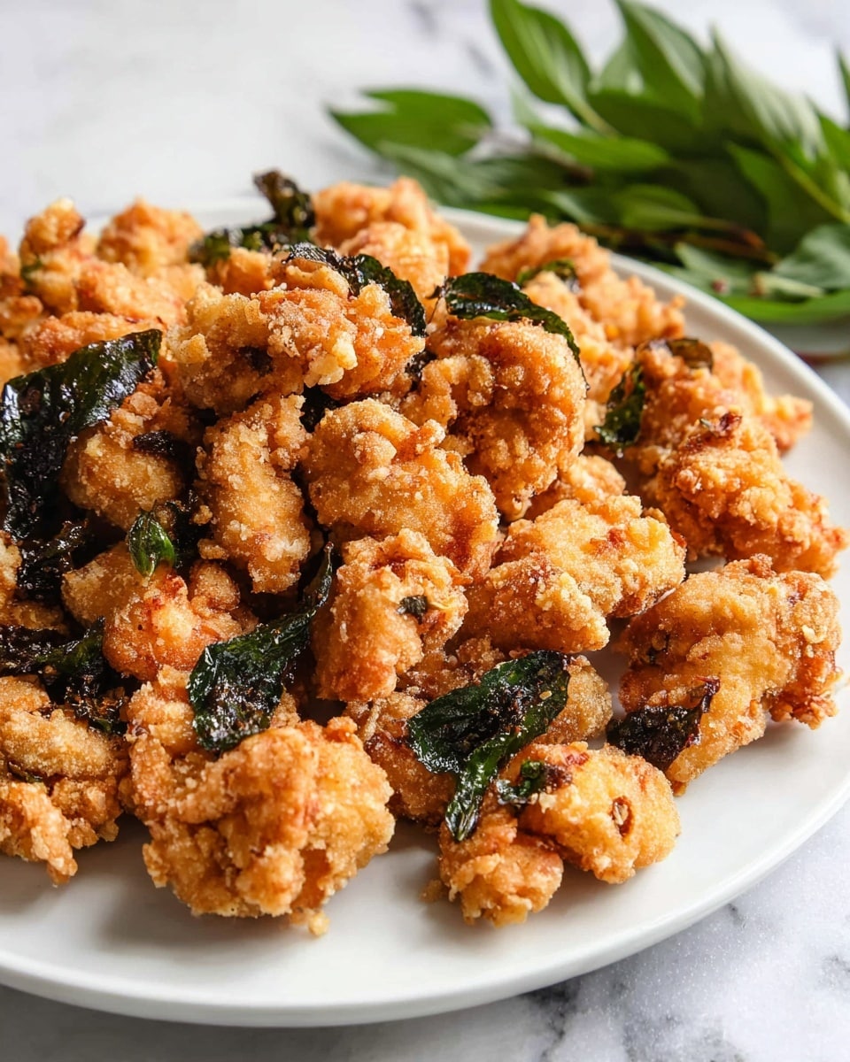 A white round plate filled with small, crispy fried chicken pieces that are golden brown with a bumpy texture from the breading. Scattered among the chicken are deep green, fried basil leaves adding color contrast. In the foreground, a pair of silver chopsticks holds up one piece of chicken showing its crunchy surface close-up. The plate sits on a white marbled surface with some green leaves blurred softly in the background. photo taken with an iphone --ar 4:5 --v 7