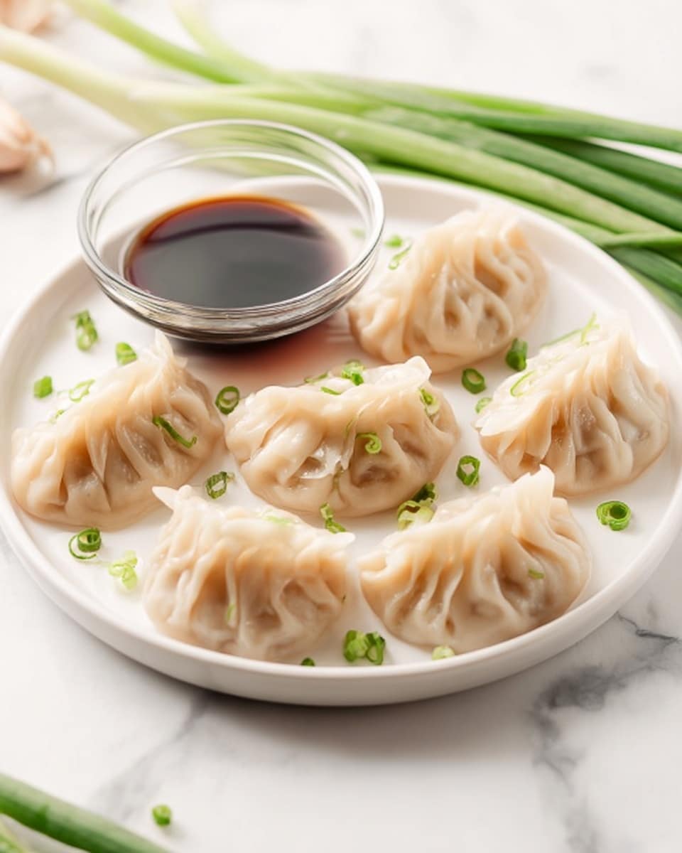 A white plate holds seven steamed dumplings arranged in a circle, each dumpling showing soft, pale beige dough with delicate pleats and a slightly shiny, smooth texture; small green onion pieces are scattered lightly on and around the dumplings. In the center back of the plate, a clear glass bowl filled with dark soy sauce sits, adding contrast. The plate is placed on a white marbled surface with some green onion stalks lying next to it. Photo taken with an iphone --ar 4:5 --v 7