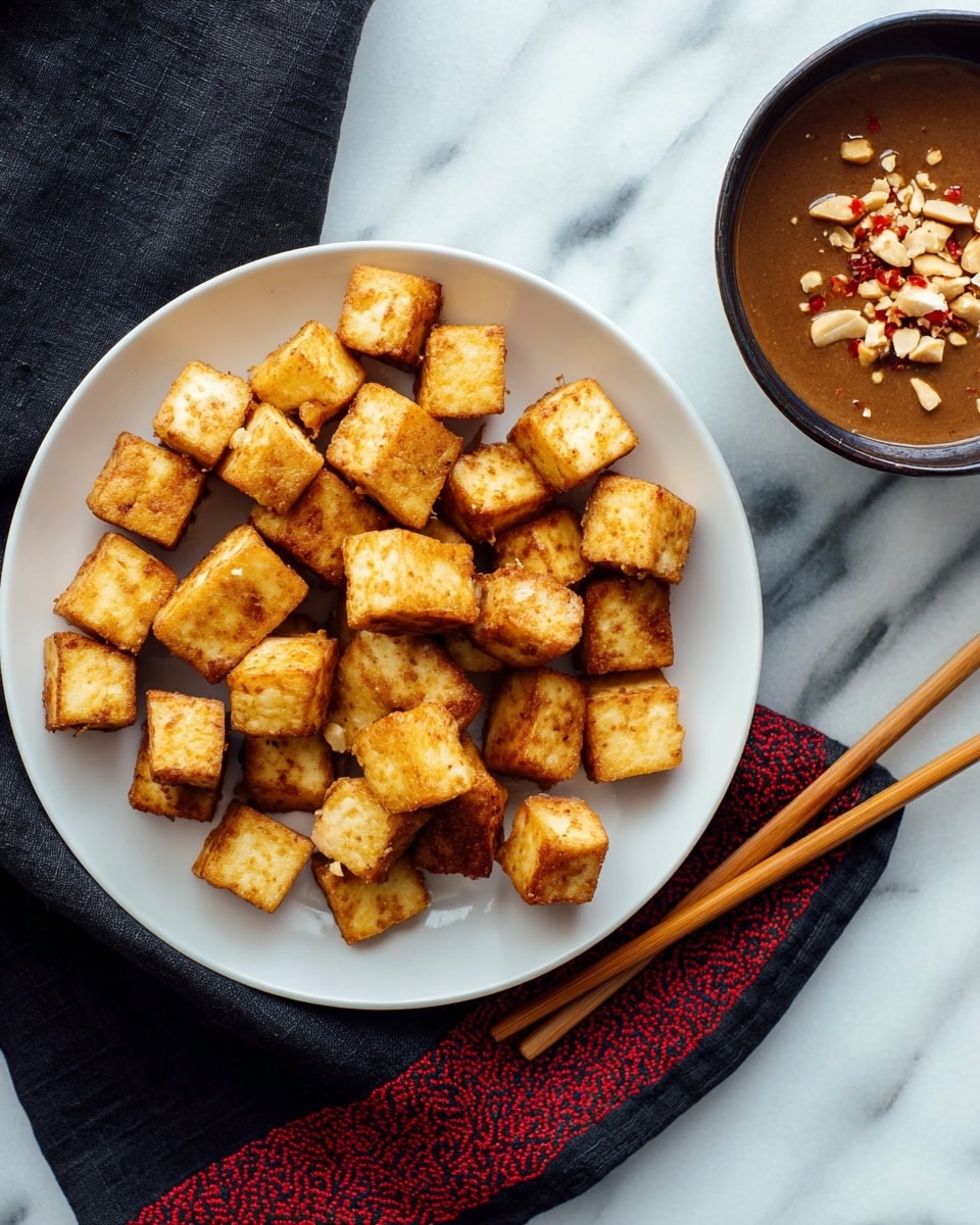 A black bowl filled with golden-brown, crispy tofu cubes stacked in layers, each piece showing a slightly charred and glistening texture, a woman's hand holding green chopsticks picking one cube from the middle. Below and to the left is a white bowl with a turquoise rim holding a smooth brown dipping sauce topped with crushed peanuts and red chili flakes. The bowls rest on a white marbled surface, with a dark blue cloth partially visible in the background. Photo taken with an iphone --ar 4:5 --v 7