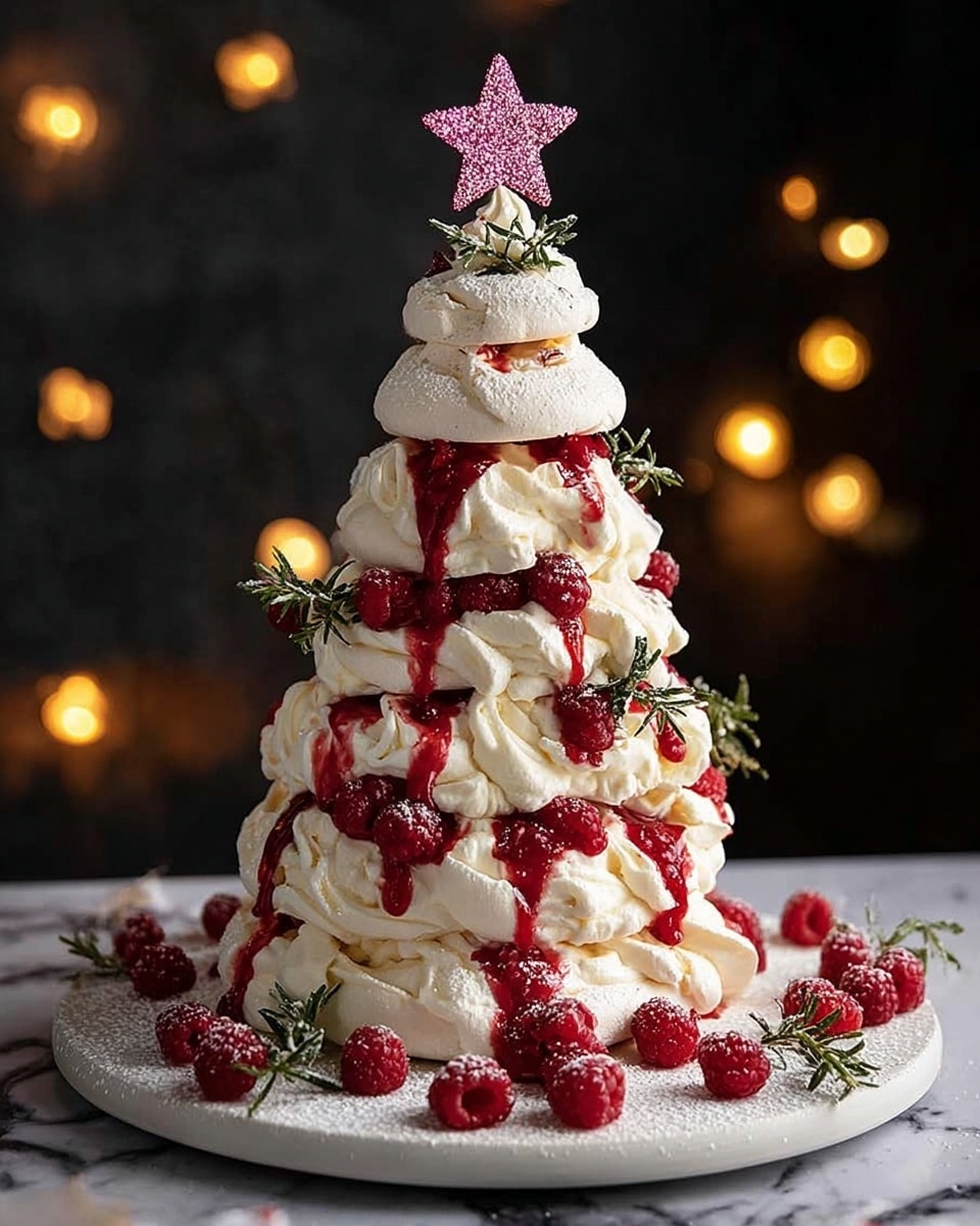 A tall, cone-shaped dessert made of six layers of white meringue discs stacked from large to small, resembling a Christmas tree. Each layer is generously topped with swirling white whipped cream and bright red raspberry sauce that drips down the sides. Fresh whole raspberries and small sprigs of green rosemary are placed between and on top of each layer, dusted lightly with white powdered sugar. The peak is decorated with a glittery pink star. The dessert sits on a round white plate with raspberries and rosemary sprigs scattered around its base, all set against a white marbled surface and a dark background with small warm yellow lights glowing softly. Photo taken with an iphone --ar 4:5 --v 7
